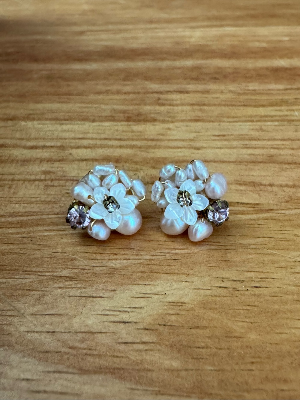 Fresh Water Pearl Floral Cluster with Clear and Light Pink Stud Earrings